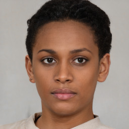 Neutral black young-adult female with short  brown hair and brown eyes