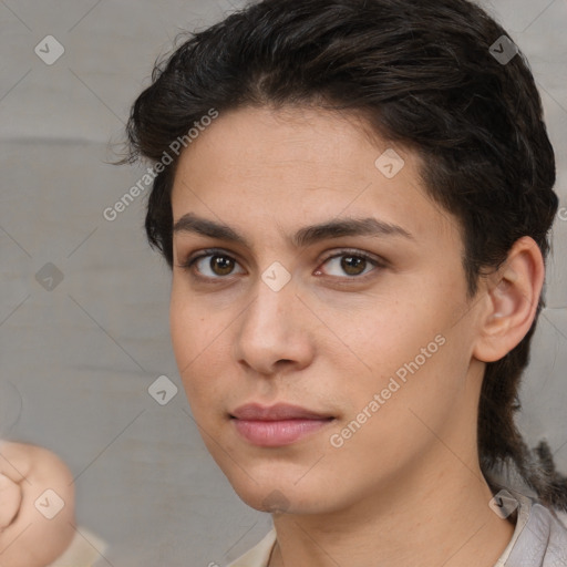 Neutral white young-adult female with medium  brown hair and brown eyes