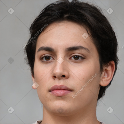 Neutral white young-adult female with medium  brown hair and brown eyes