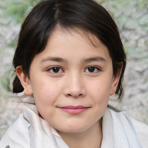 Joyful white child female with medium  brown hair and brown eyes