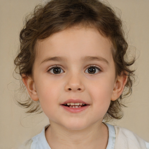 Joyful white child female with medium  brown hair and brown eyes