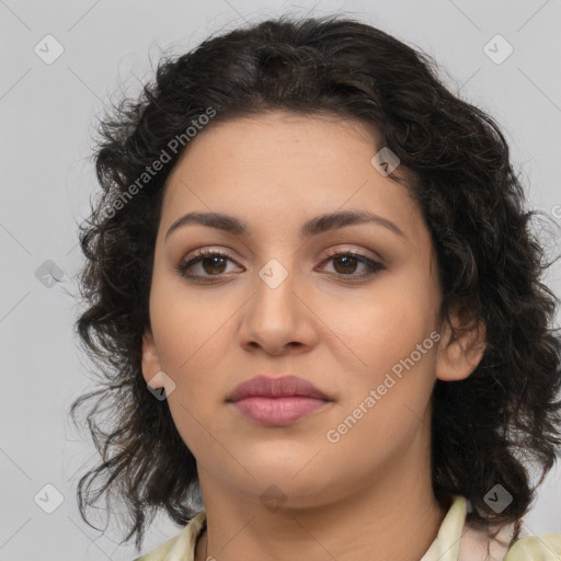 Joyful latino young-adult female with medium  brown hair and brown eyes