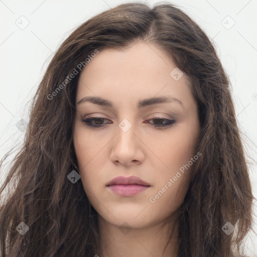 Neutral white young-adult female with long  brown hair and brown eyes