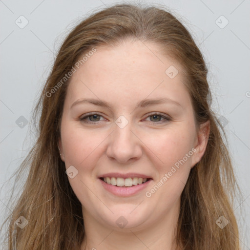 Joyful white young-adult female with long  brown hair and grey eyes