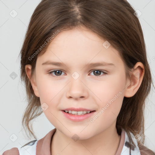 Joyful white child female with medium  brown hair and brown eyes