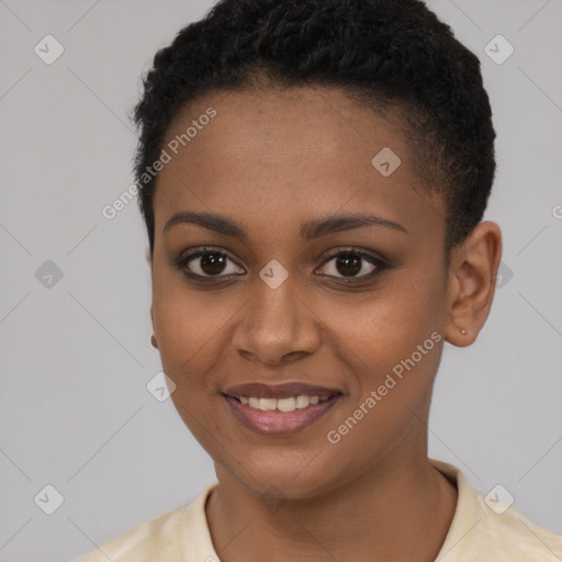 Joyful black young-adult female with short  brown hair and brown eyes