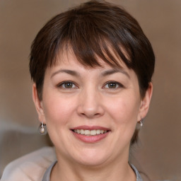 Joyful white adult female with medium  brown hair and brown eyes