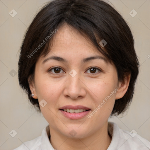 Joyful white adult female with medium  brown hair and brown eyes