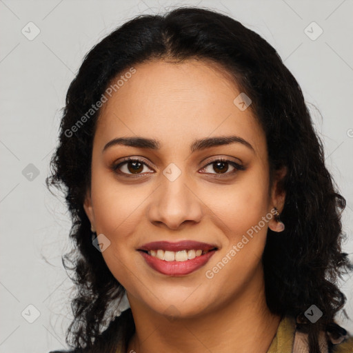 Joyful latino young-adult female with long  brown hair and brown eyes