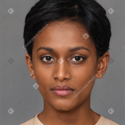 Neutral asian young-adult female with short  brown hair and brown eyes