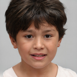 Joyful white child female with short  brown hair and brown eyes