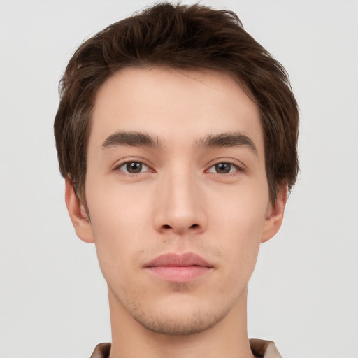 Neutral white young-adult male with short  brown hair and brown eyes