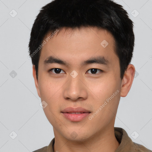 Neutral asian young-adult male with short  black hair and brown eyes