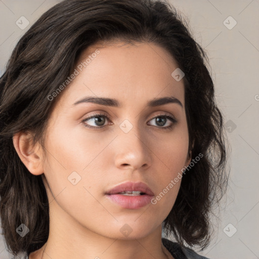 Neutral white young-adult female with medium  brown hair and brown eyes