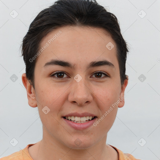 Joyful white young-adult female with short  brown hair and brown eyes