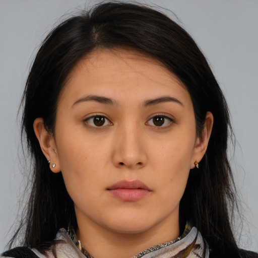 Neutral asian young-adult female with medium  brown hair and brown eyes