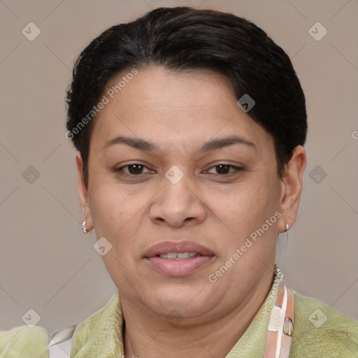 Joyful white adult female with short  brown hair and brown eyes