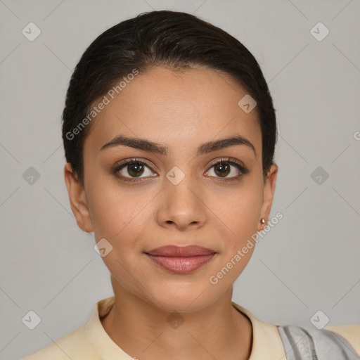 Joyful white young-adult female with short  brown hair and brown eyes