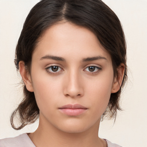 Neutral white young-adult female with medium  brown hair and brown eyes