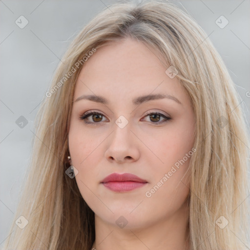 Neutral white young-adult female with long  brown hair and brown eyes