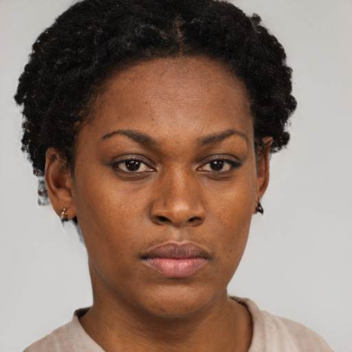 Neutral black young-adult female with short  brown hair and brown eyes