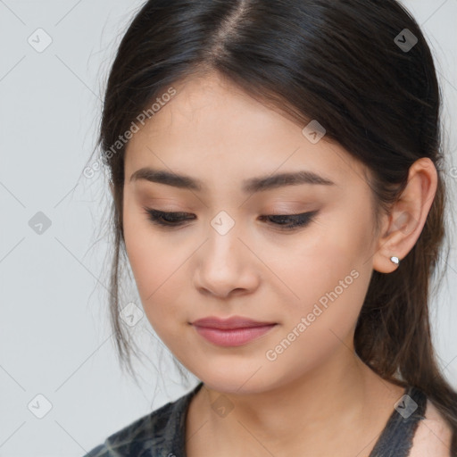 Joyful asian young-adult female with medium  brown hair and brown eyes