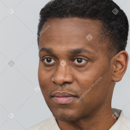 Joyful black young-adult male with short  black hair and brown eyes