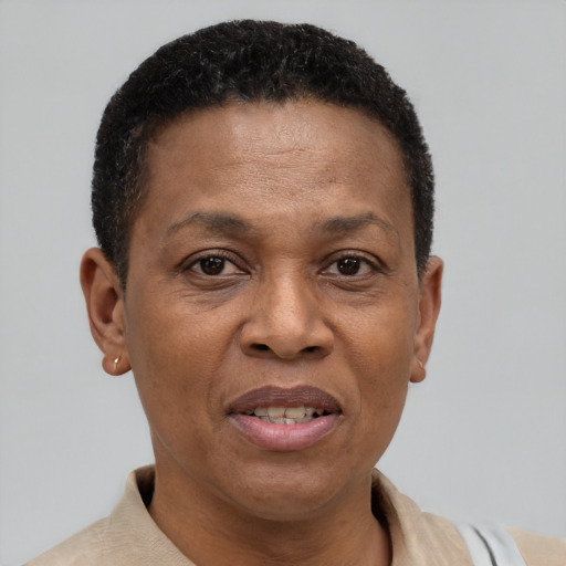 Joyful black adult female with short  brown hair and brown eyes