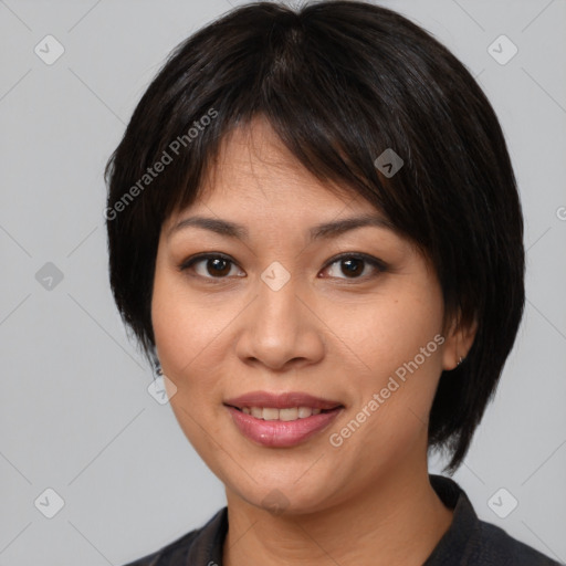 Joyful white young-adult female with medium  brown hair and brown eyes