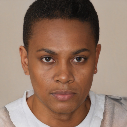 Neutral black young-adult female with short  brown hair and brown eyes