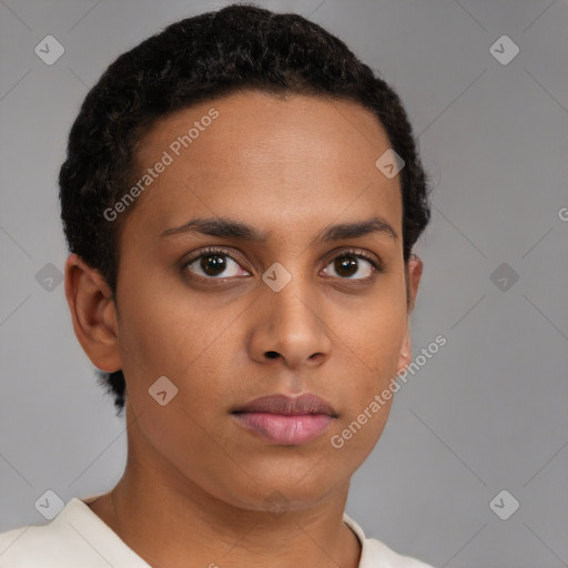 Neutral latino young-adult female with short  brown hair and brown eyes