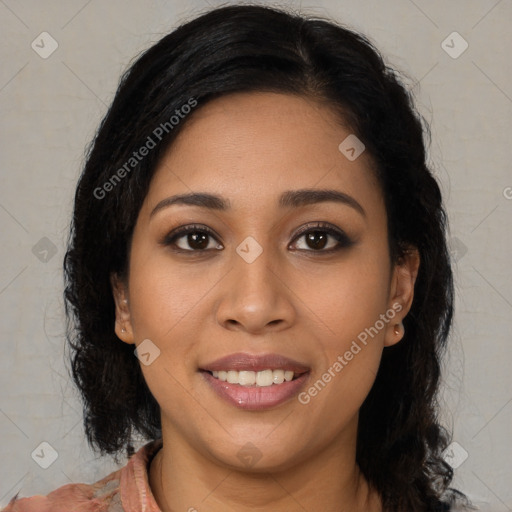 Joyful latino young-adult female with medium  black hair and brown eyes