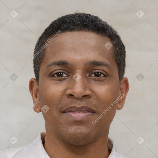 Neutral latino young-adult male with short  brown hair and brown eyes