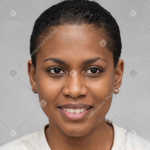 Joyful black young-adult female with short  brown hair and brown eyes