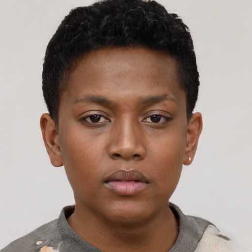 Neutral black young-adult female with short  brown hair and brown eyes