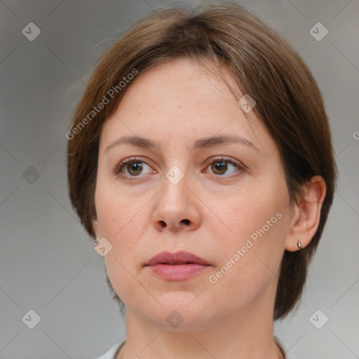 Neutral white young-adult female with medium  brown hair and brown eyes