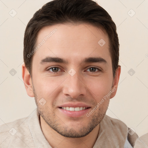 Joyful white young-adult male with short  brown hair and brown eyes