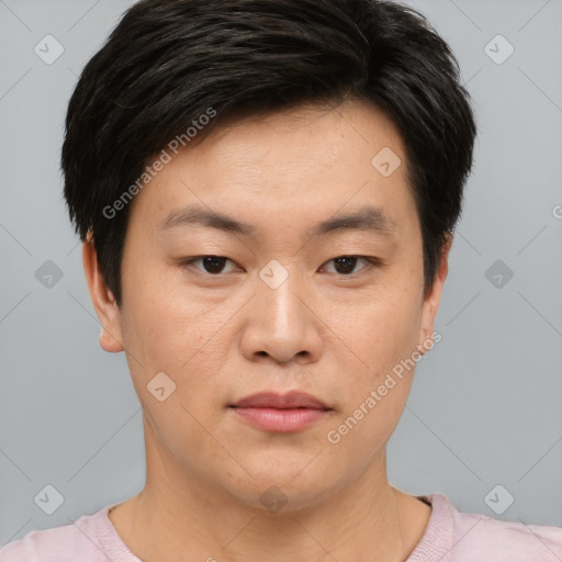 Joyful asian young-adult male with short  brown hair and brown eyes