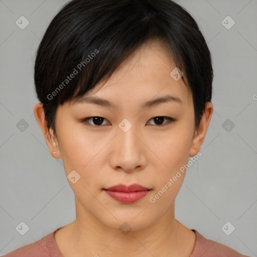 Neutral asian young-adult female with short  brown hair and brown eyes