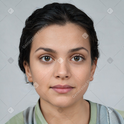 Neutral white young-adult female with short  brown hair and brown eyes