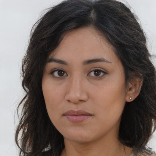 Neutral asian young-adult female with long  brown hair and brown eyes