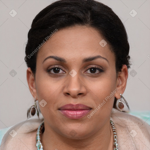 Joyful white adult female with short  brown hair and brown eyes