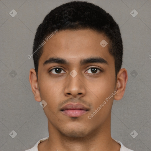 Neutral latino young-adult male with short  black hair and brown eyes