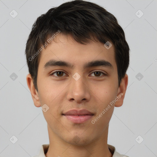 Neutral white young-adult male with short  brown hair and brown eyes