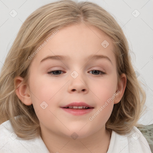 Joyful white child female with medium  brown hair and blue eyes