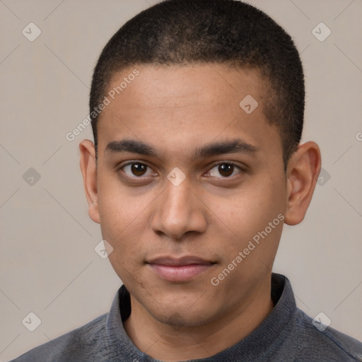 Neutral latino young-adult male with short  brown hair and brown eyes