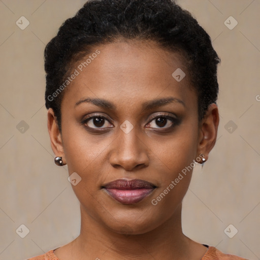 Joyful black young-adult female with short  black hair and brown eyes