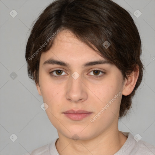 Neutral white young-adult female with medium  brown hair and brown eyes