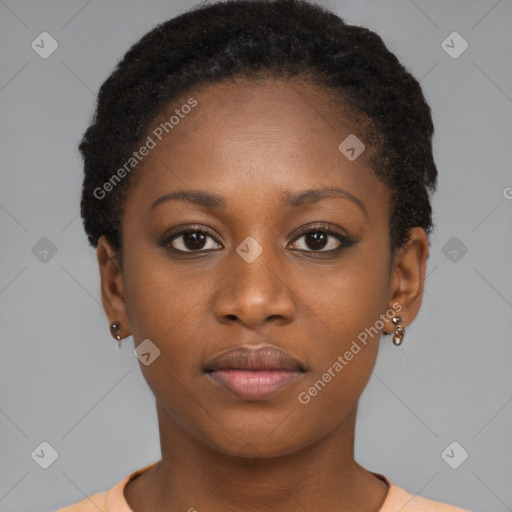 Neutral black young-adult female with short  brown hair and brown eyes