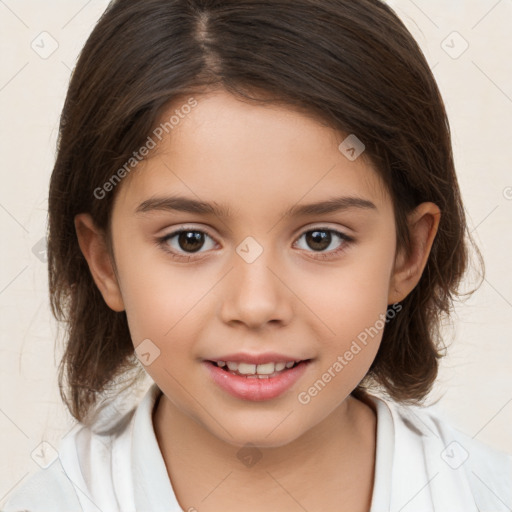 Joyful white child female with medium  brown hair and brown eyes